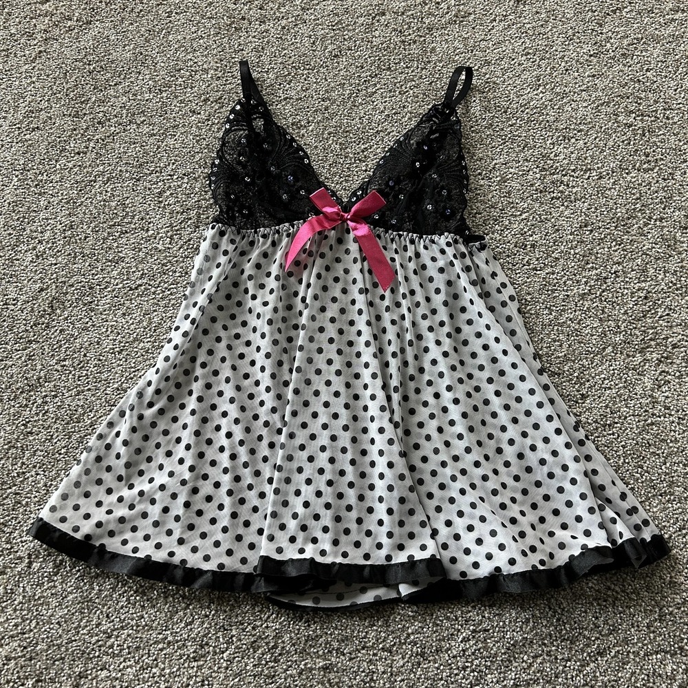 Polka Dot Babydoll Gown Womens Medium White Black Lace Sequin Mesh Sleepwear